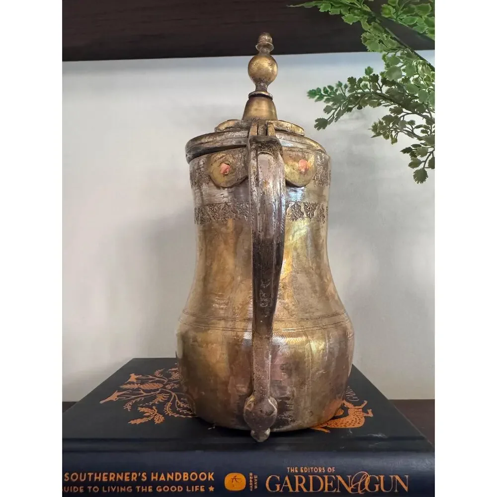 Antique Brass Engraved Dallah Pot • Moroccan Pitcher Copper Accents